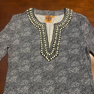 Tory Burch Blue & White Silk Beaded Print Blouse Tunic‎ Top S